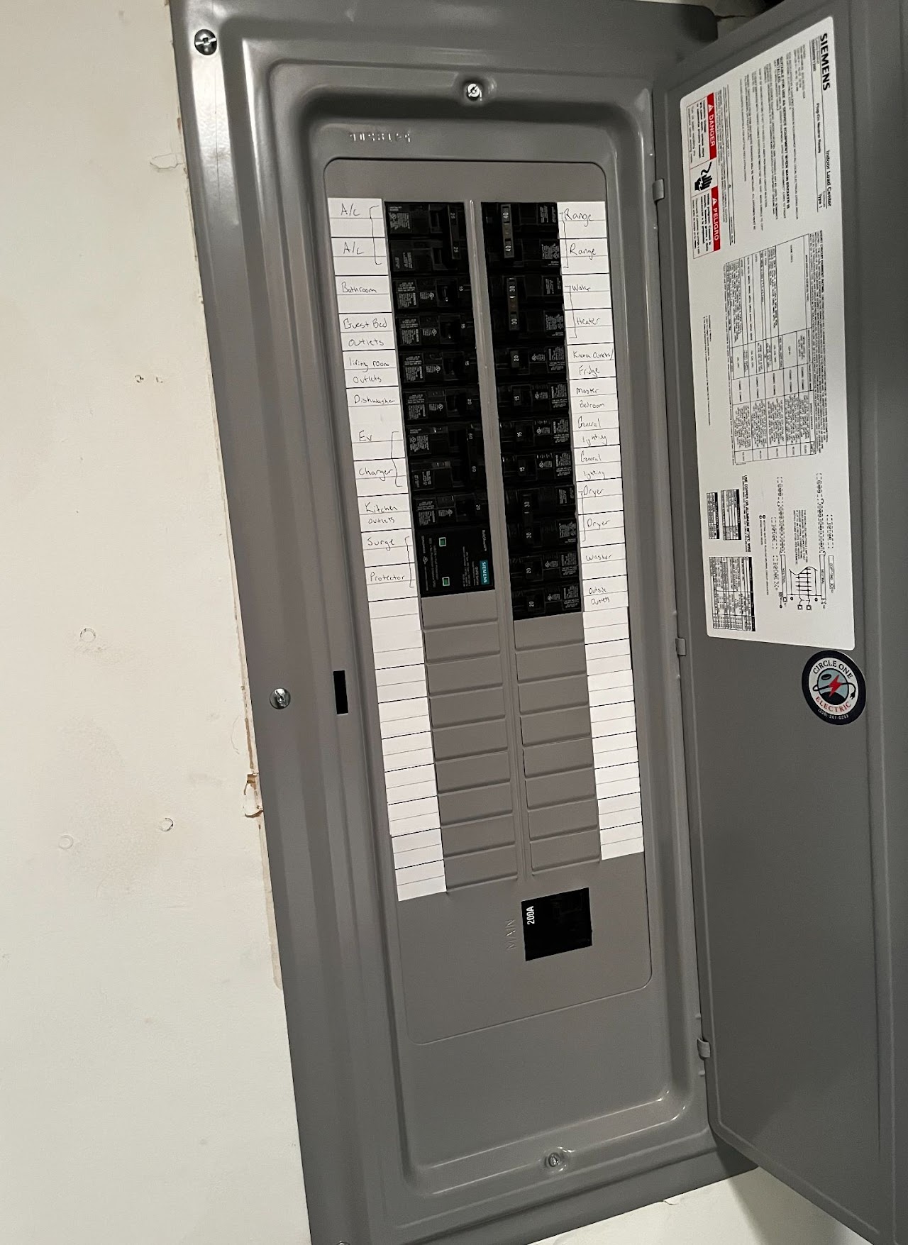 Siemens load center with hand-labeled breakers, after Circle One Electric service